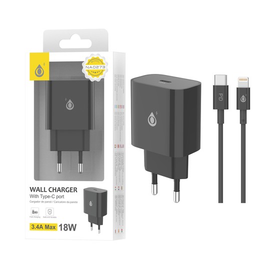 Carregador de Parede EU OnePlus NA0274 com Cabo Tipo C para Relâmpago 1PD Porta 3,4A Máx. 18 W Preto